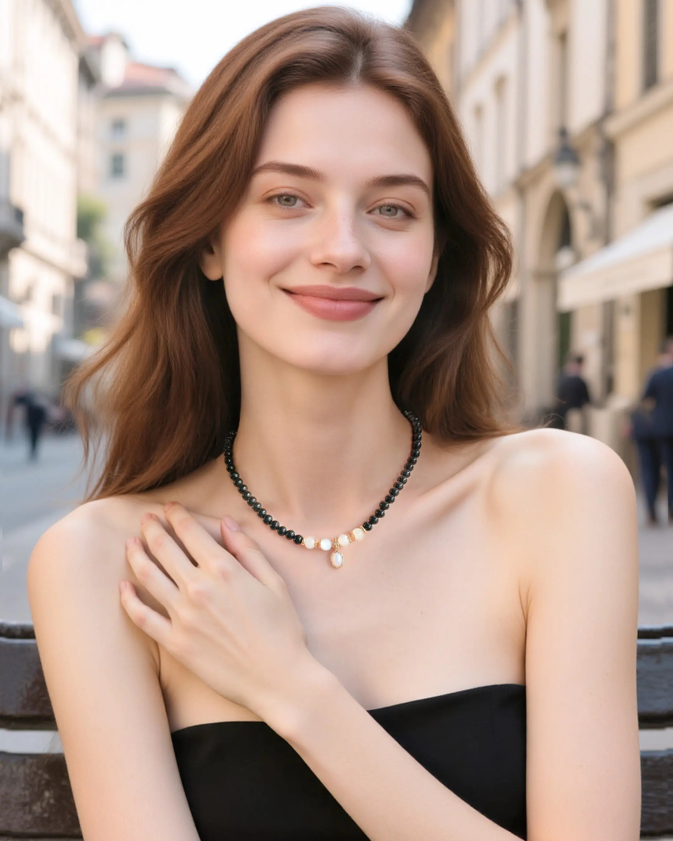 black onyx moonstone beaded necklace on the model