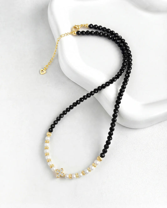 Black Tourmaline & Pearl Clover Gold Necklace – Protection & Elegance