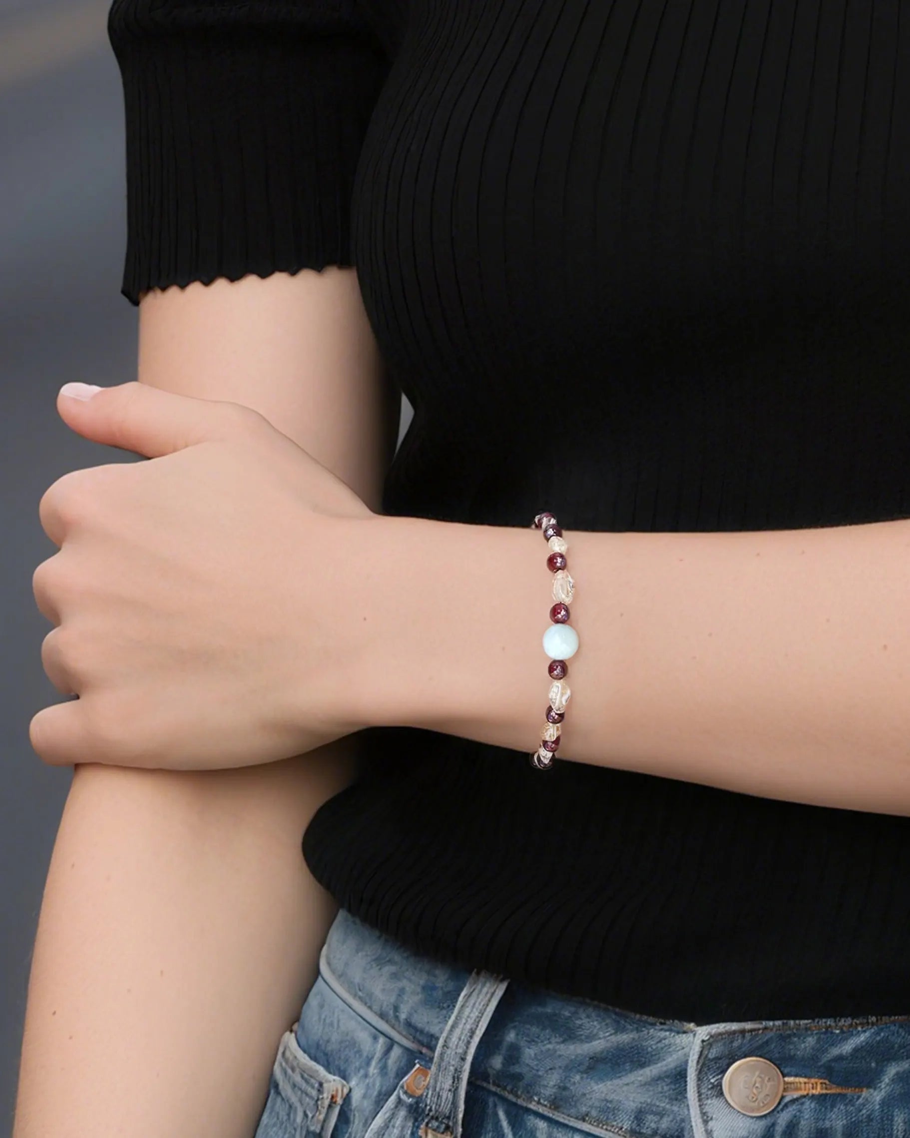 Citrine Garnet Jade Gold Plated Sterling Silver Beaded Bracelet