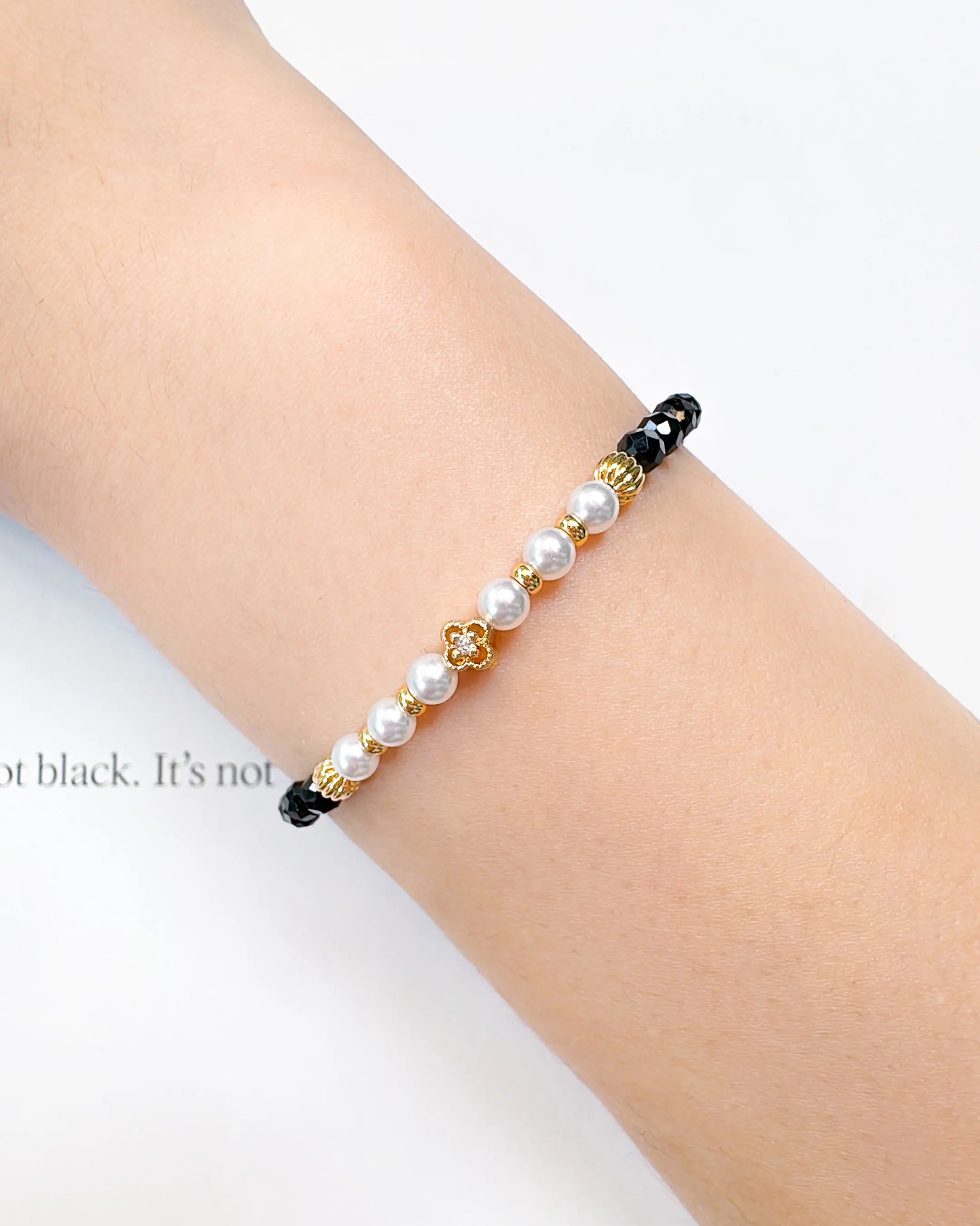 Black Tourmaline 14K Gold Plated Beaded Bracelet with Pearl Accents