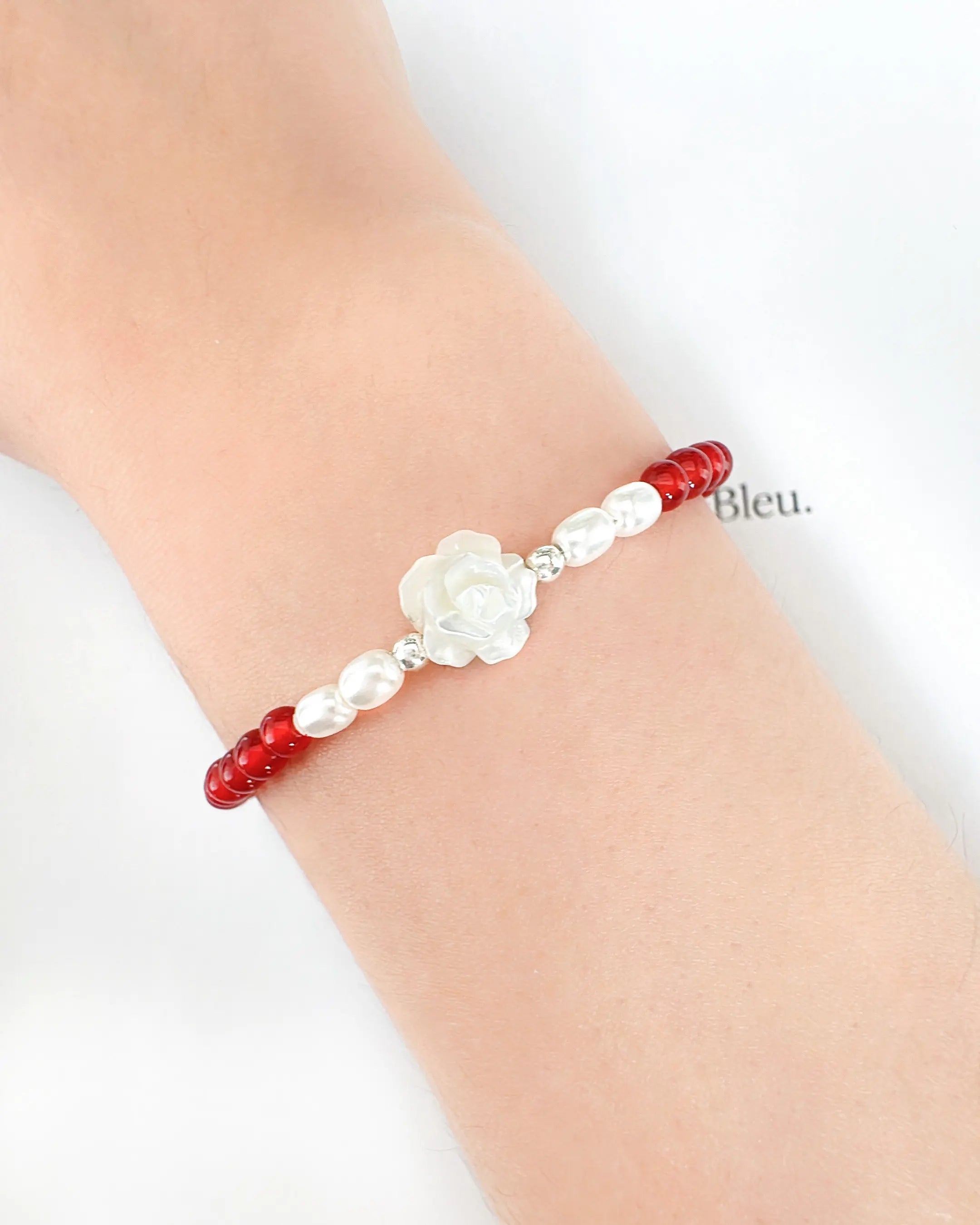 Red Agate Clear Quartz 14K Gold Plated Bracelet on the model