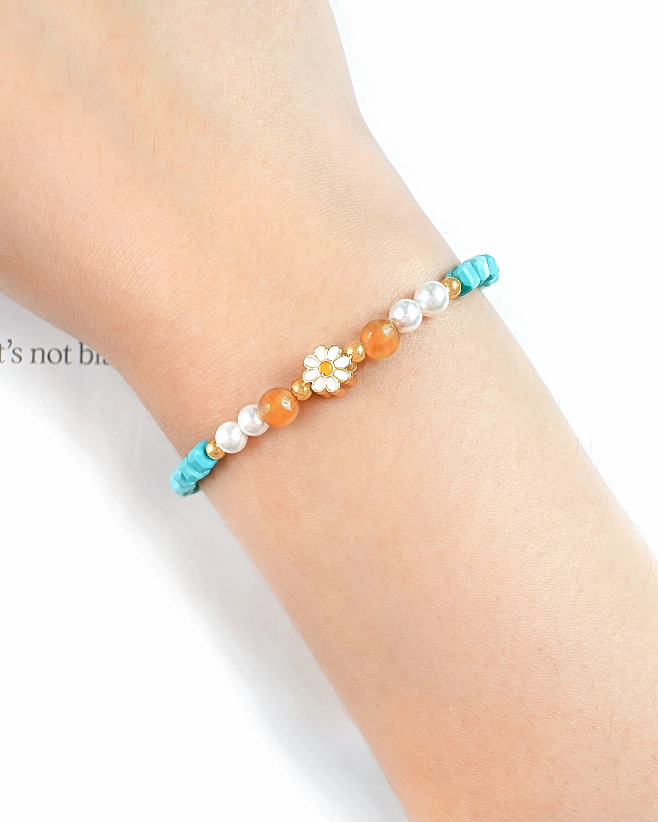 Turquoise Pearl Gold Plated Sterling Silver Bracelet with daisy bead