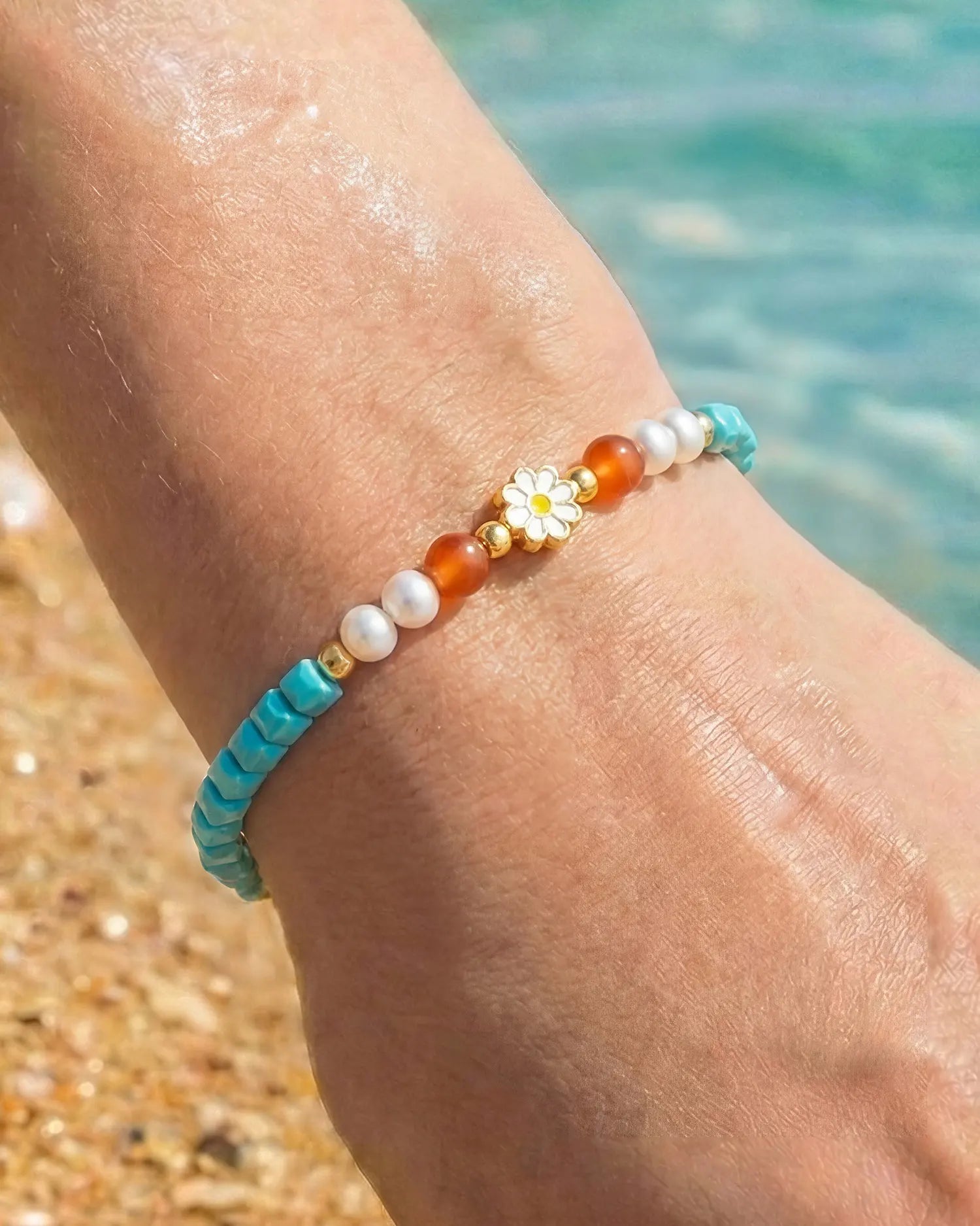 Turquoise Pearl Gold Plated Sterling Silver Bracelet with daisy bead
