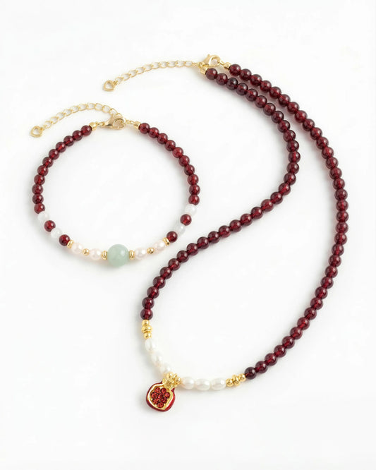 Garnet Pearl Gold Plated Sterling Silver Necklace and Bracelet Set