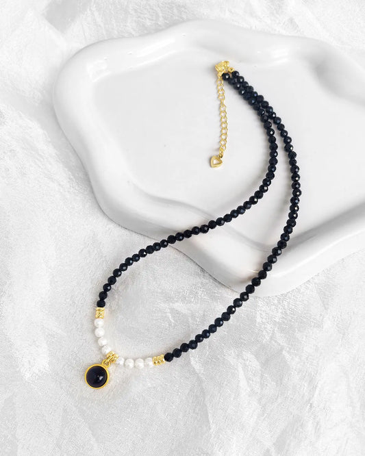 Black Tourmaline Pearl Gold Necklace – Protection & Grounding