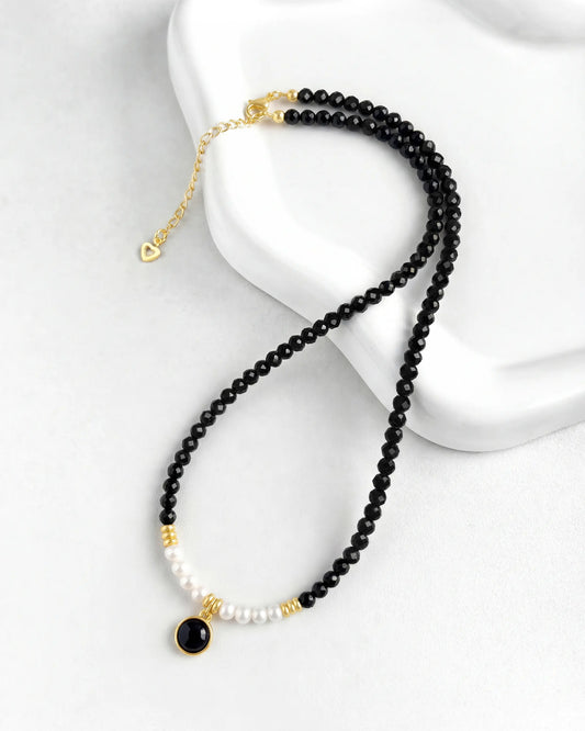 Black Tourmaline Pearl Gold Necklace – Protection & Grounding