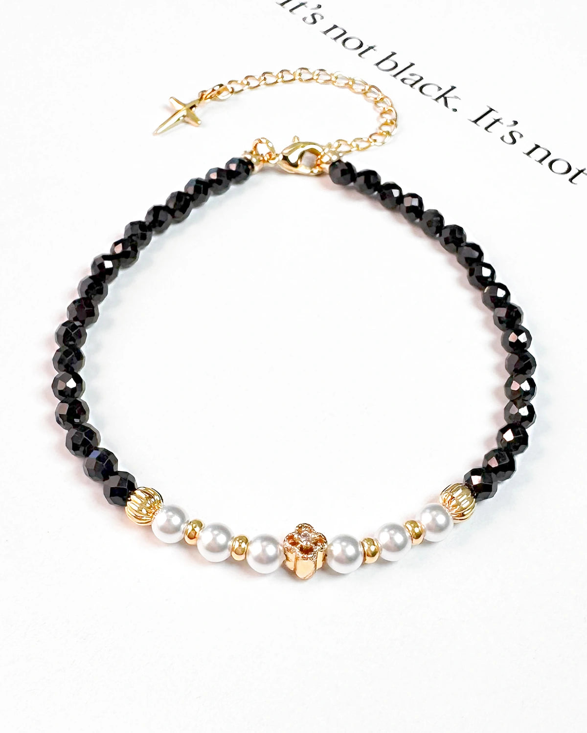 Black Tourmaline Pearl 14K Gold Plated Beaded Bracelet