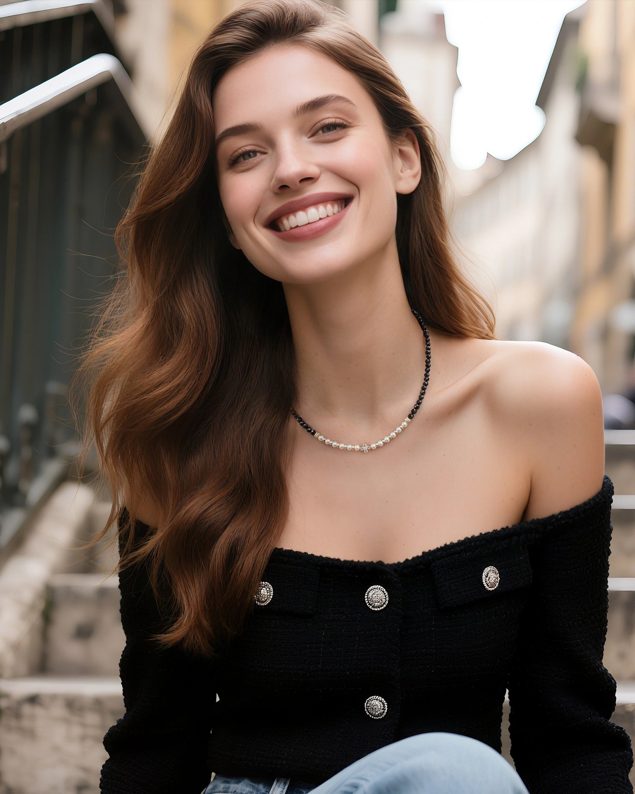 Black Tourmaline Pearl 14K Gold Plated Necklace on the Model