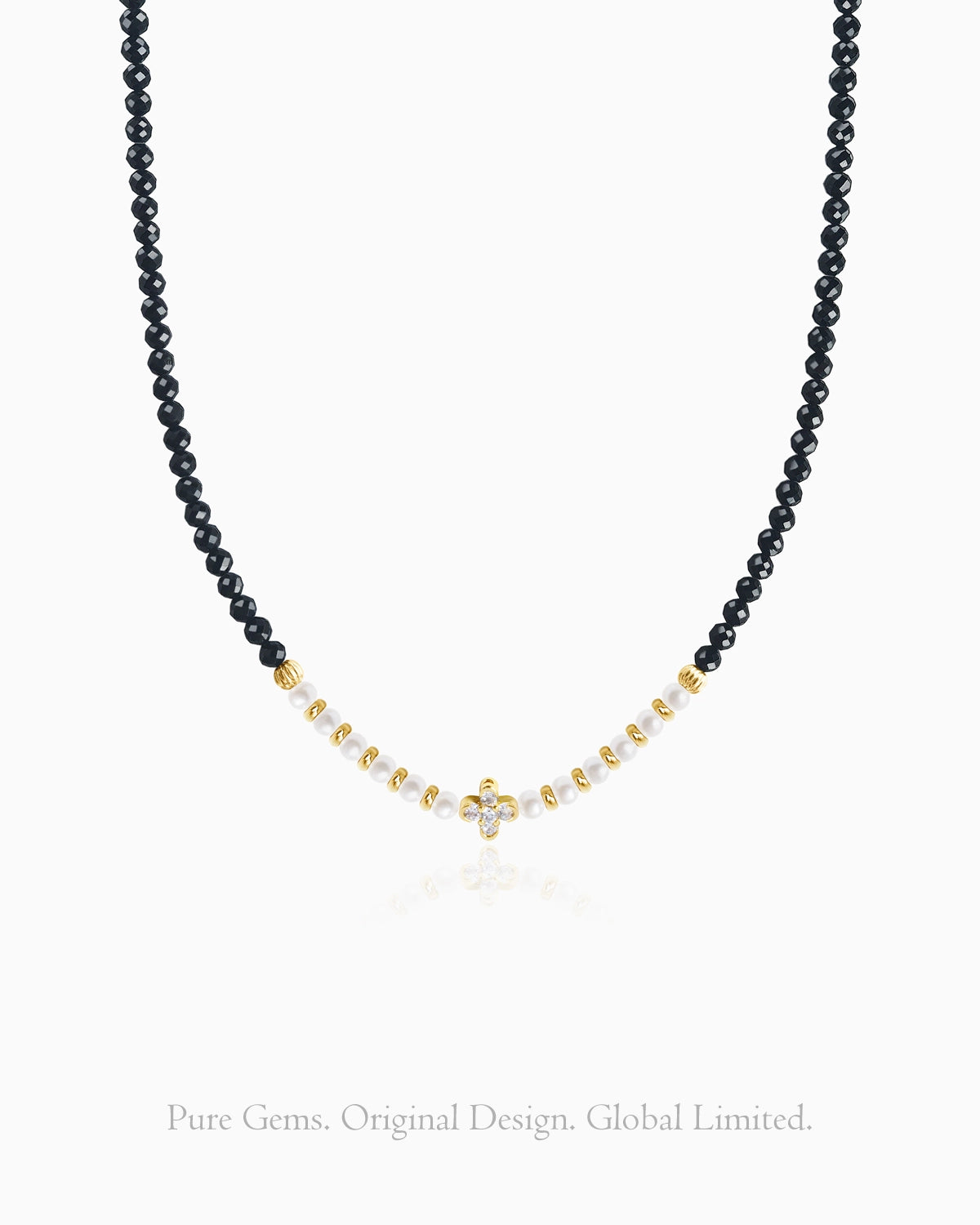 Black Tourmaline Gold Plated beaded Necklace with Peal Accent