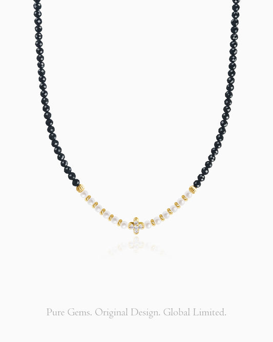 Black Tourmaline Gold Plated beaded Necklace with Peal Accent