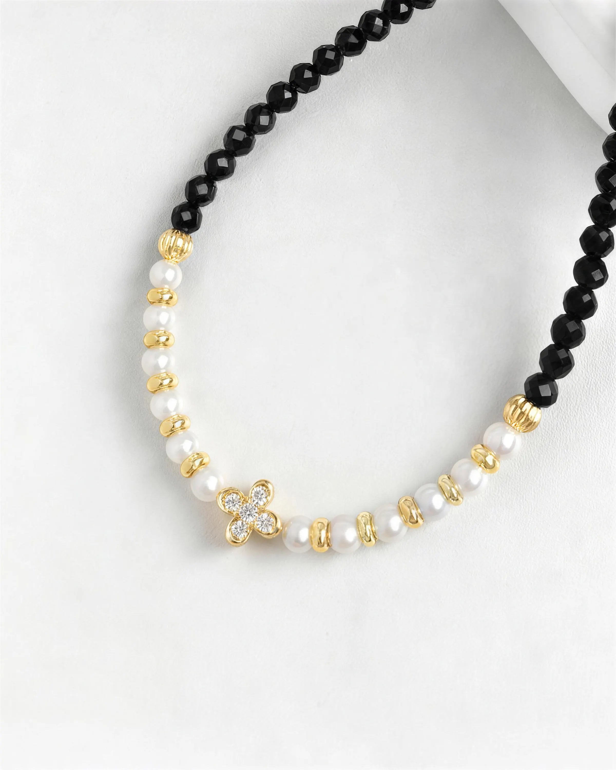 Black Tourmaline Gold Plated beaded Necklace with Peal Accent