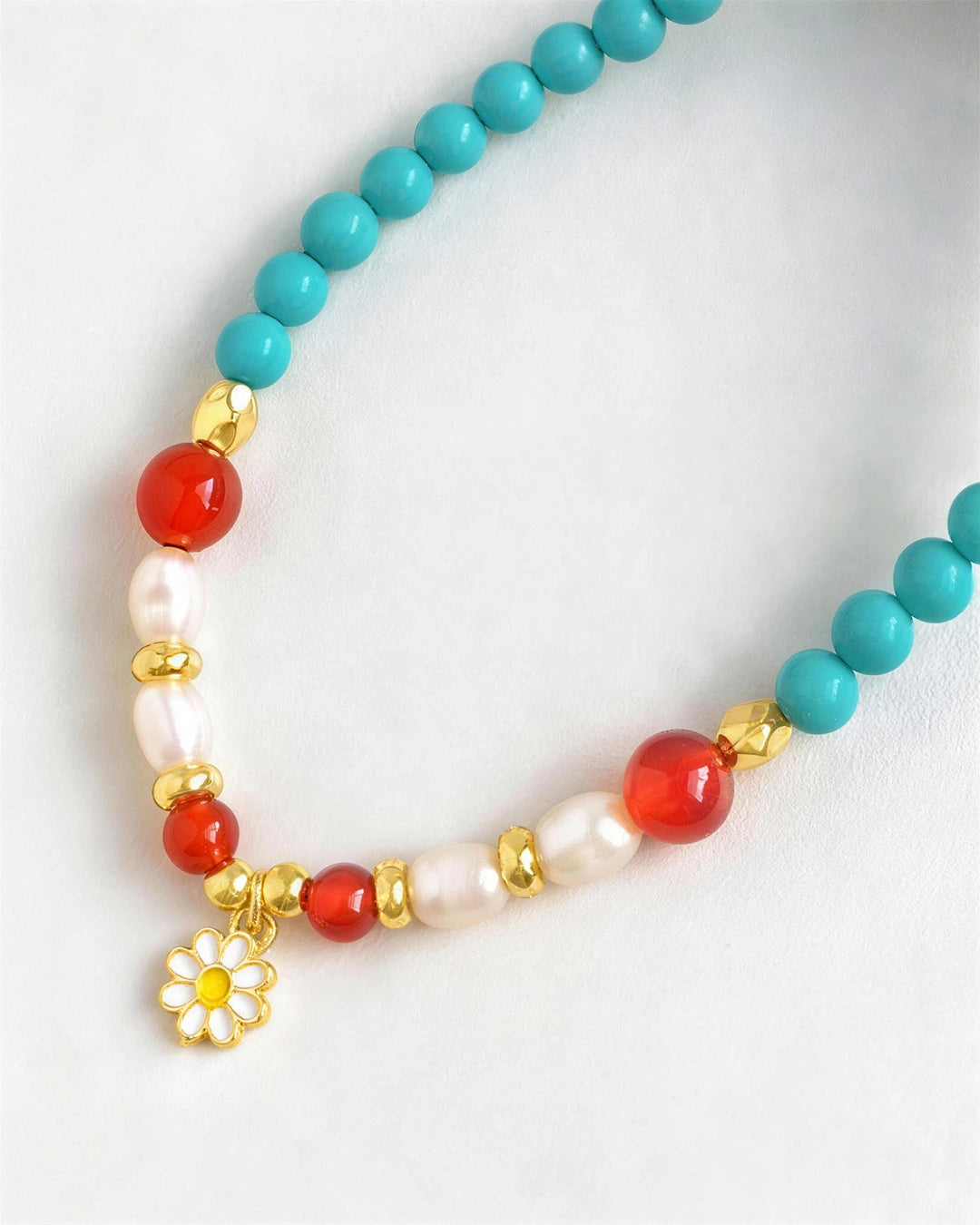 Turquoise Red Agate Gold Plated Sterling Silver Necklace with daisy pendant
