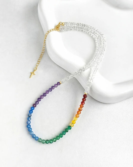 Clear Quartz Rainbow Agate Gold Necklace – Clarity & Joy