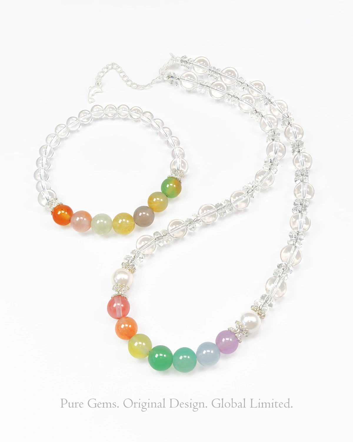 Clear Quartz Rainbow Agate 14K Gold Plated Necklace and Bracelet Set