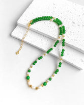 Green Agate Pearl Gold Necklace – Healing & Purity
