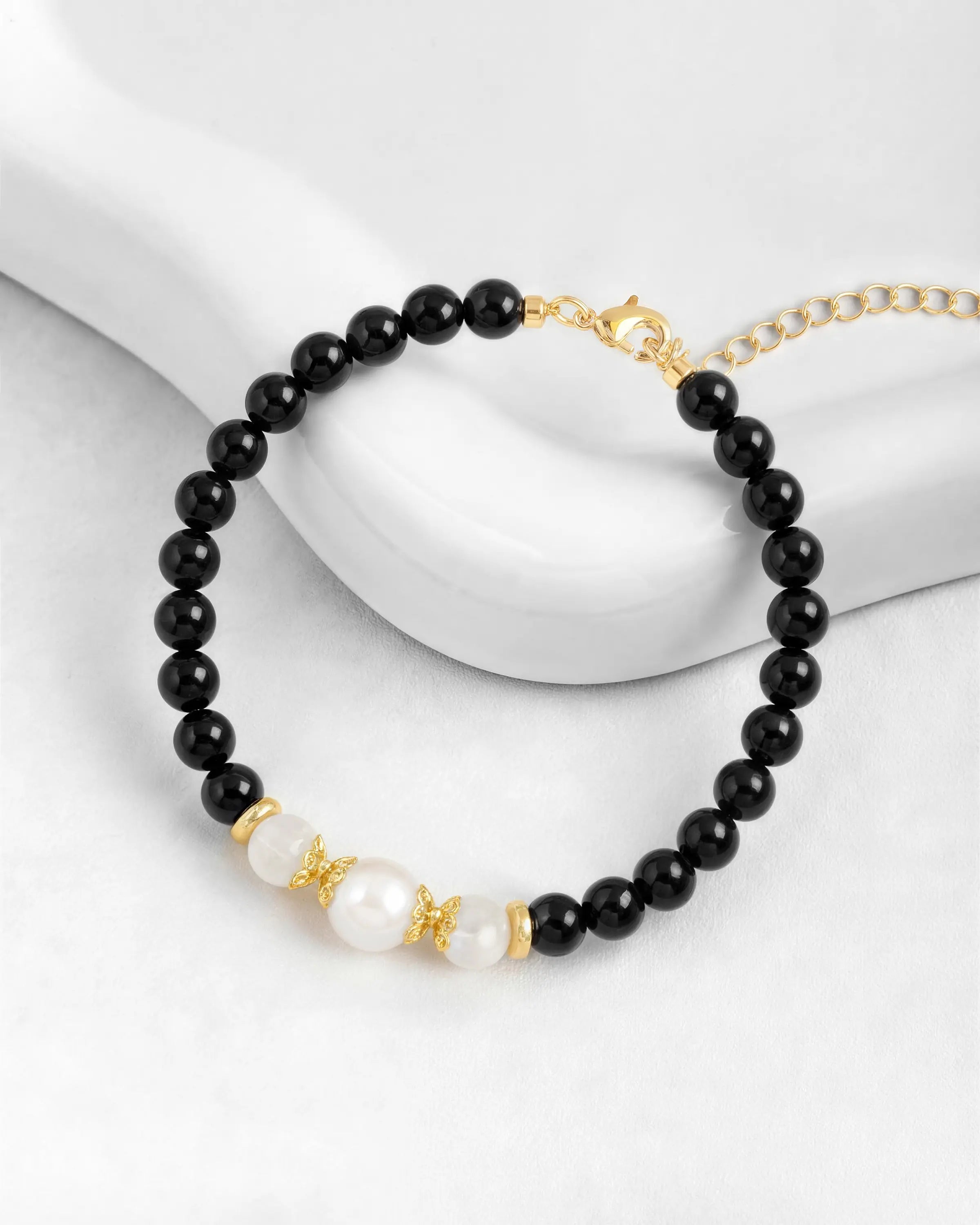 6mm black onyx & moonstone &pearl gold bracelet