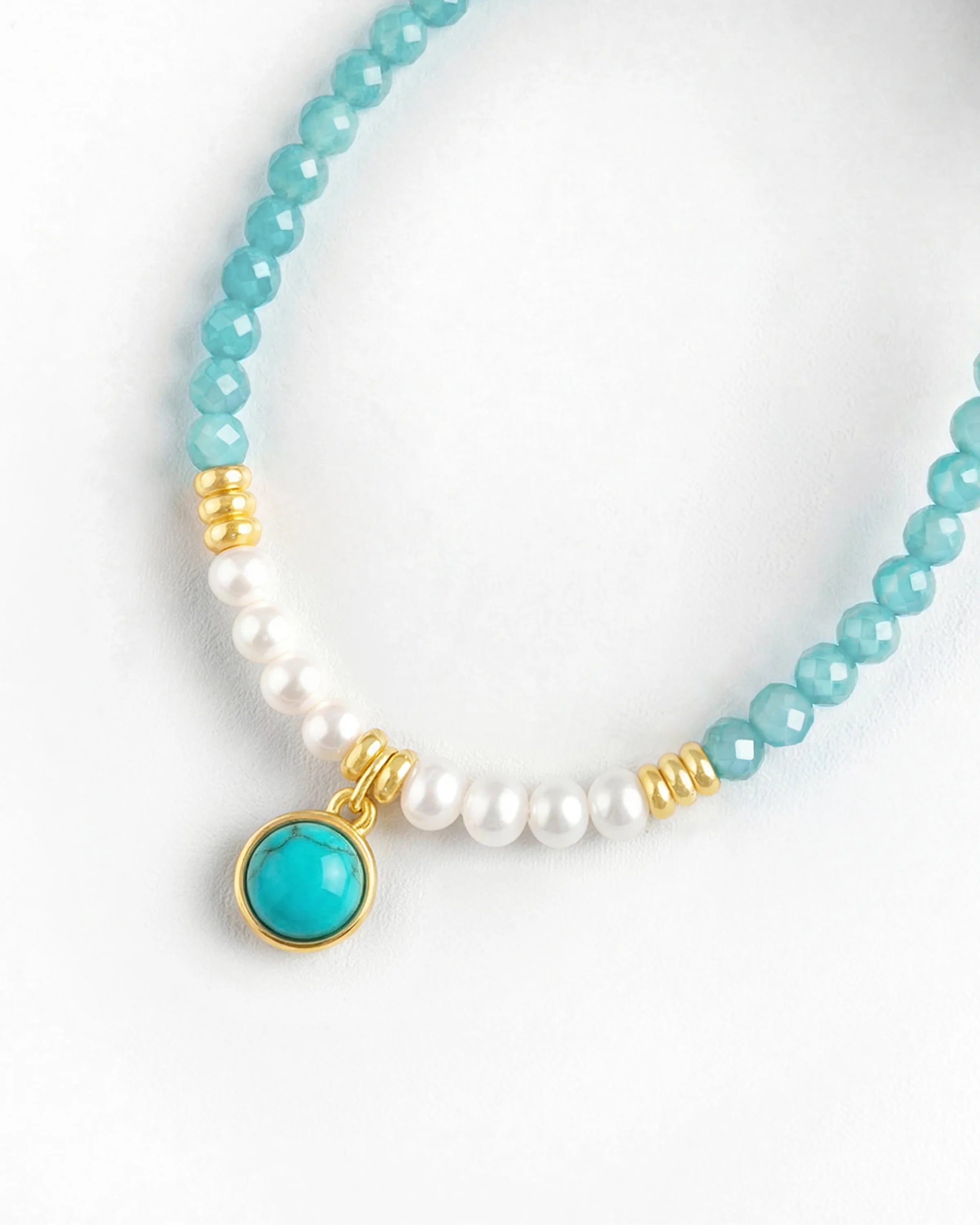 Amazonite Turquoise Pearl bead detail of Gold Beaded Necklace