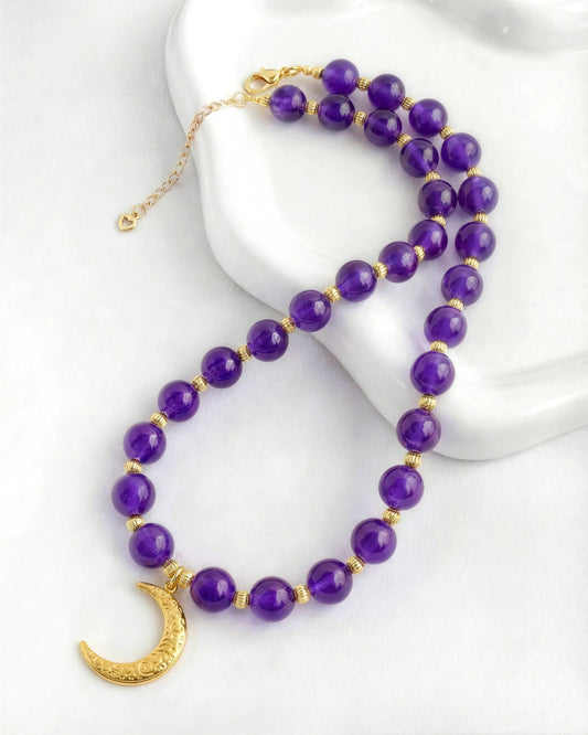 Amethyst Crescent Moon Gold Necklace – Intuition & Dreams