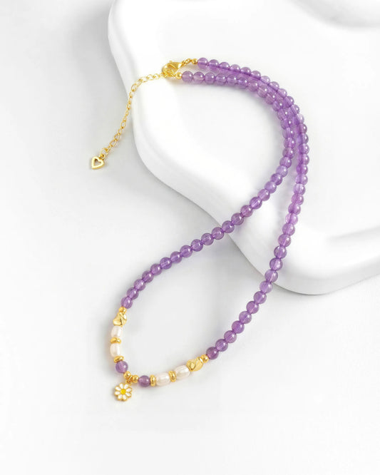 Amethyst Red Agate Daisy Gold Necklace with Pearl