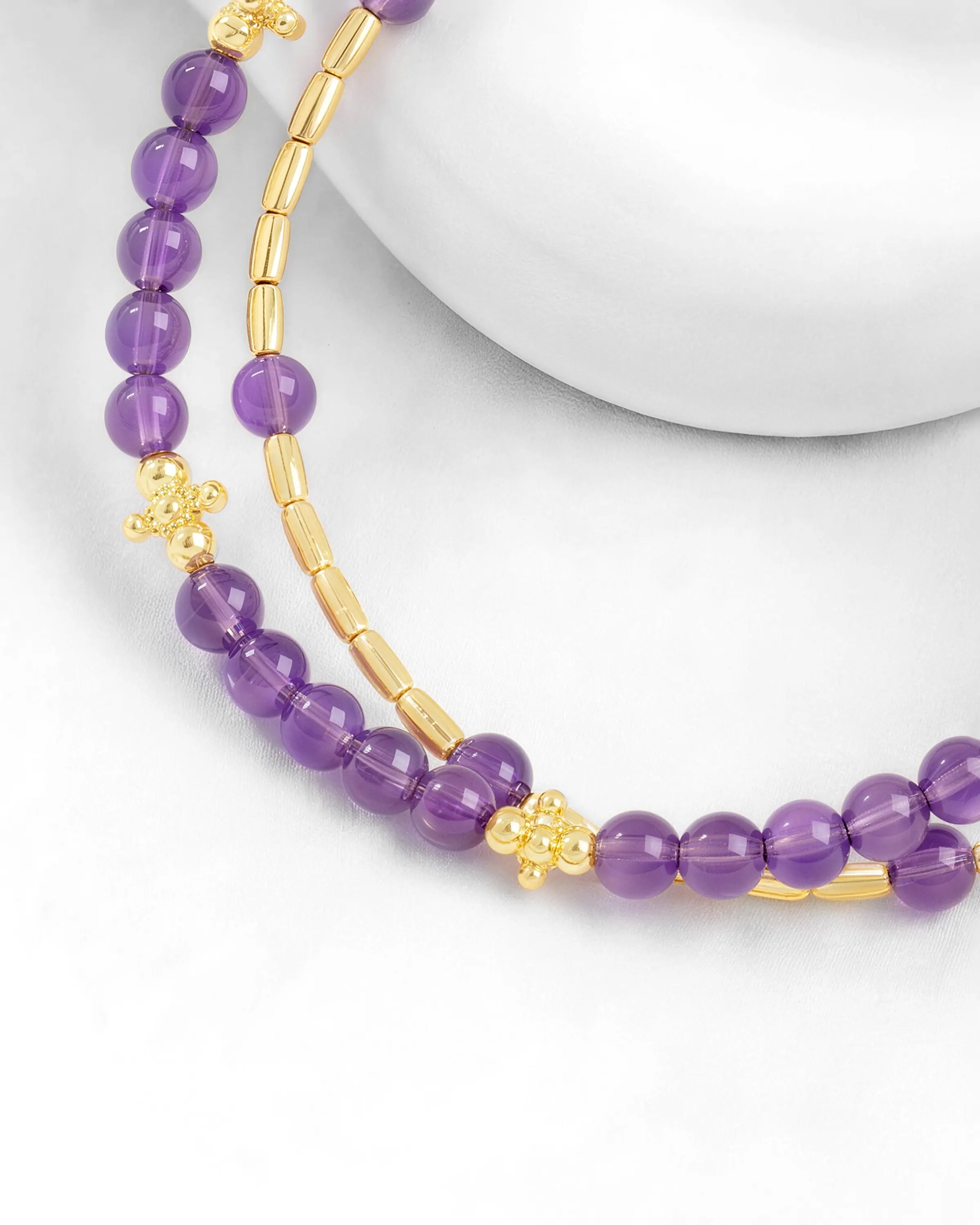 detail of Amethyst Gold Floral pre-layered bracelet