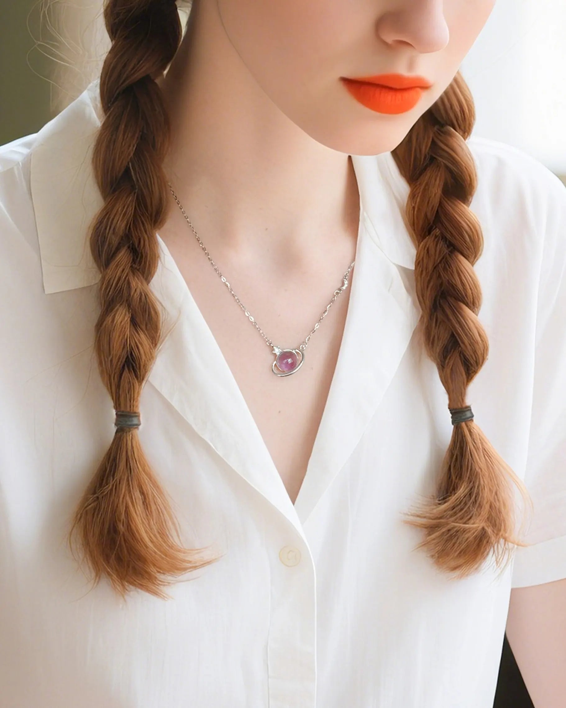 Amethyst Orbit Star Pendant Necklace on the model