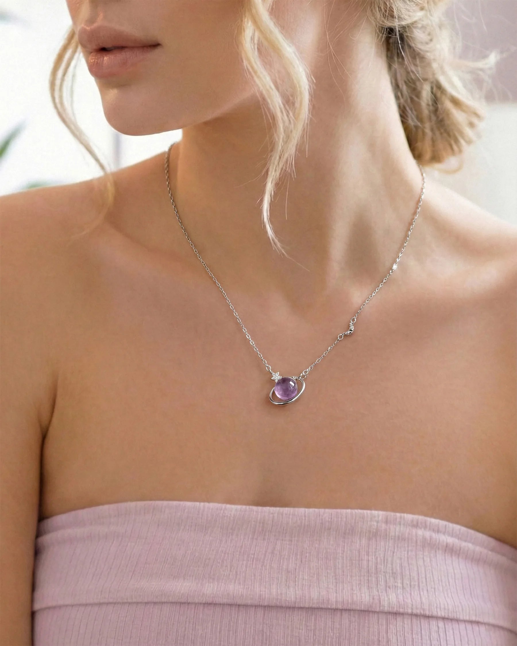 Amethyst Orbit Star Pendant Necklace on the model