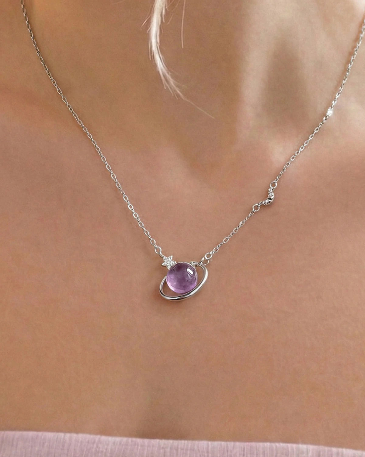 Amethyst Orbit Star Pendant Necklace on the model