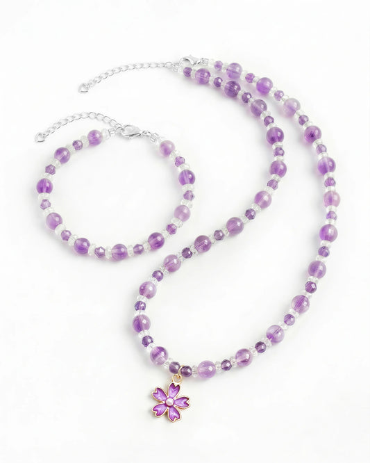 Amethyst Sakura Silver Necklace & Bracelet Set – Intuition & Dreams