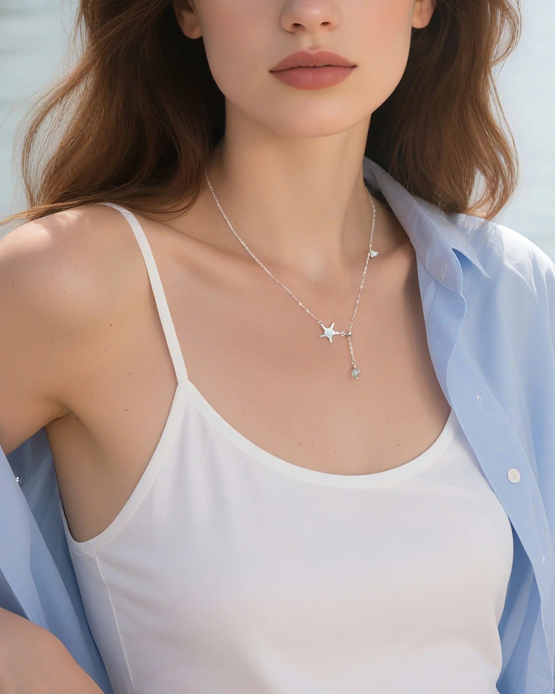 aquamarine Bead Pendant Y Neaklace