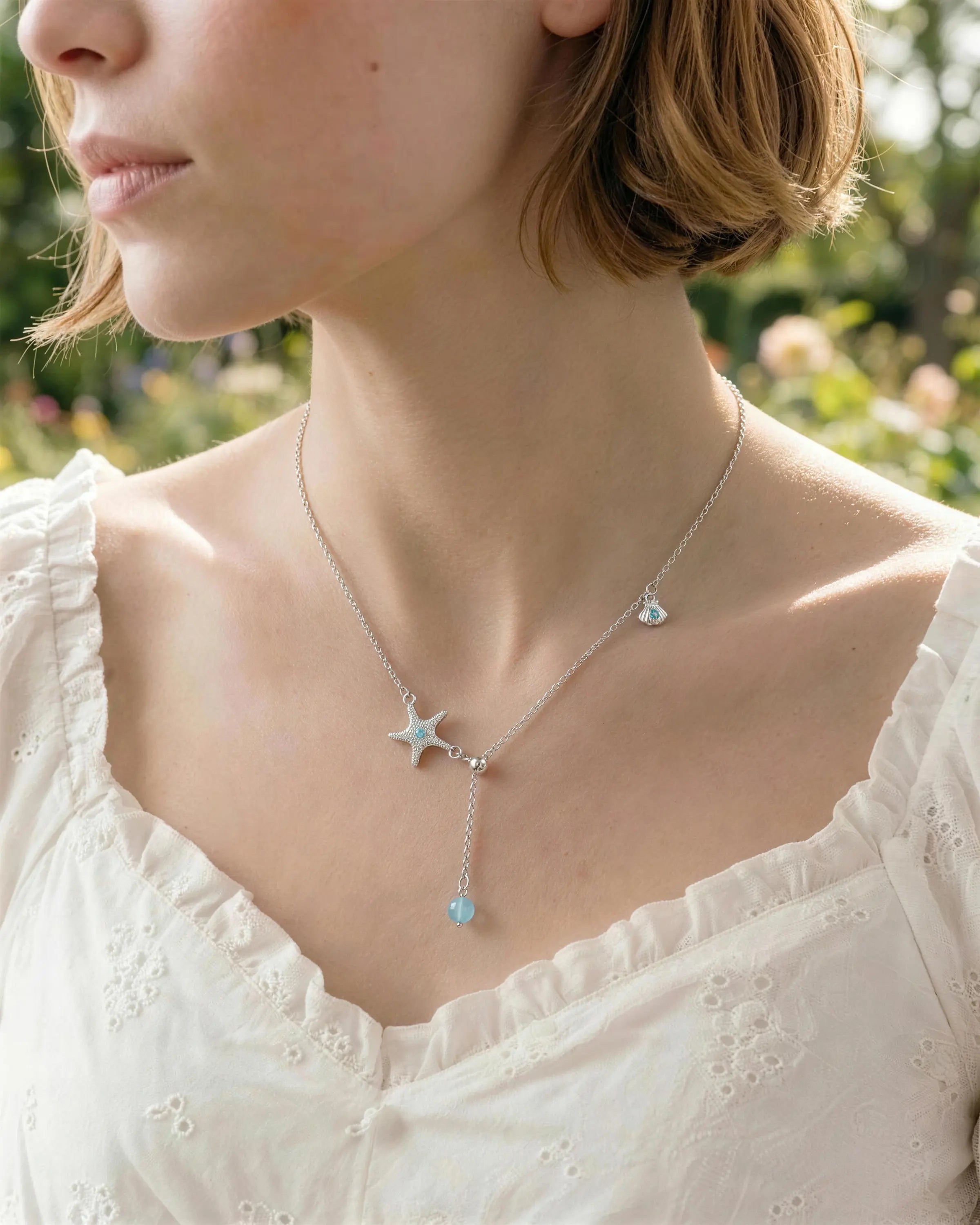 aquamarine Bead Pendant Y Neaklace