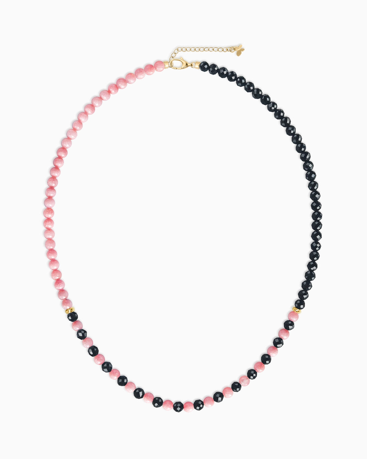 black tourmaline rhodochrosite beaded necklace on the model