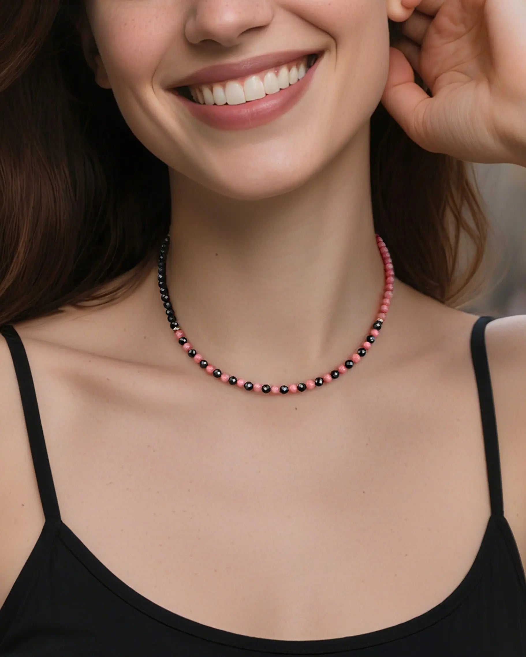 black tourmaline rhodochrosite beaded necklace on the model
