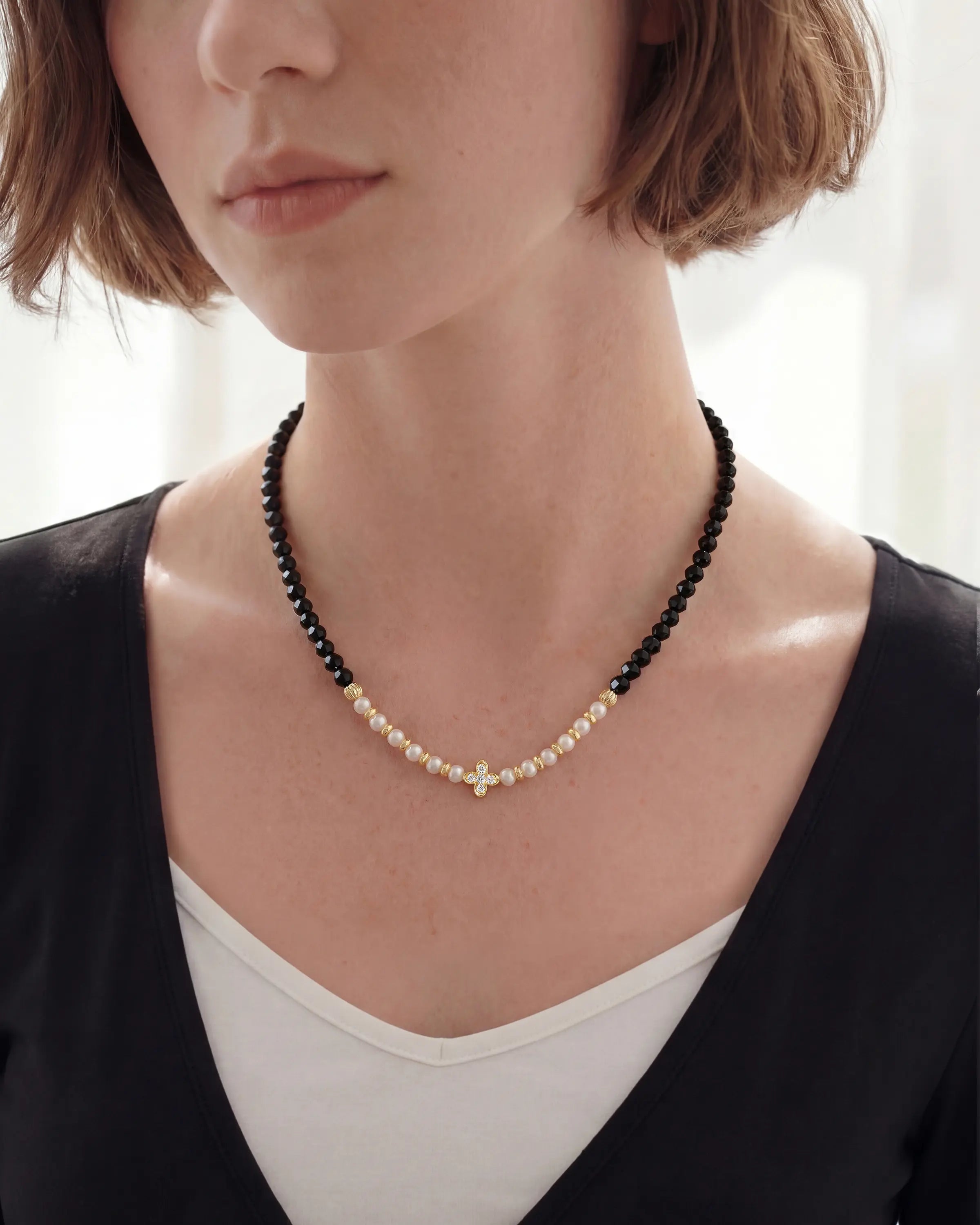 Black Tourmaline Pearl 14K Gold Plated Necklace on the Model