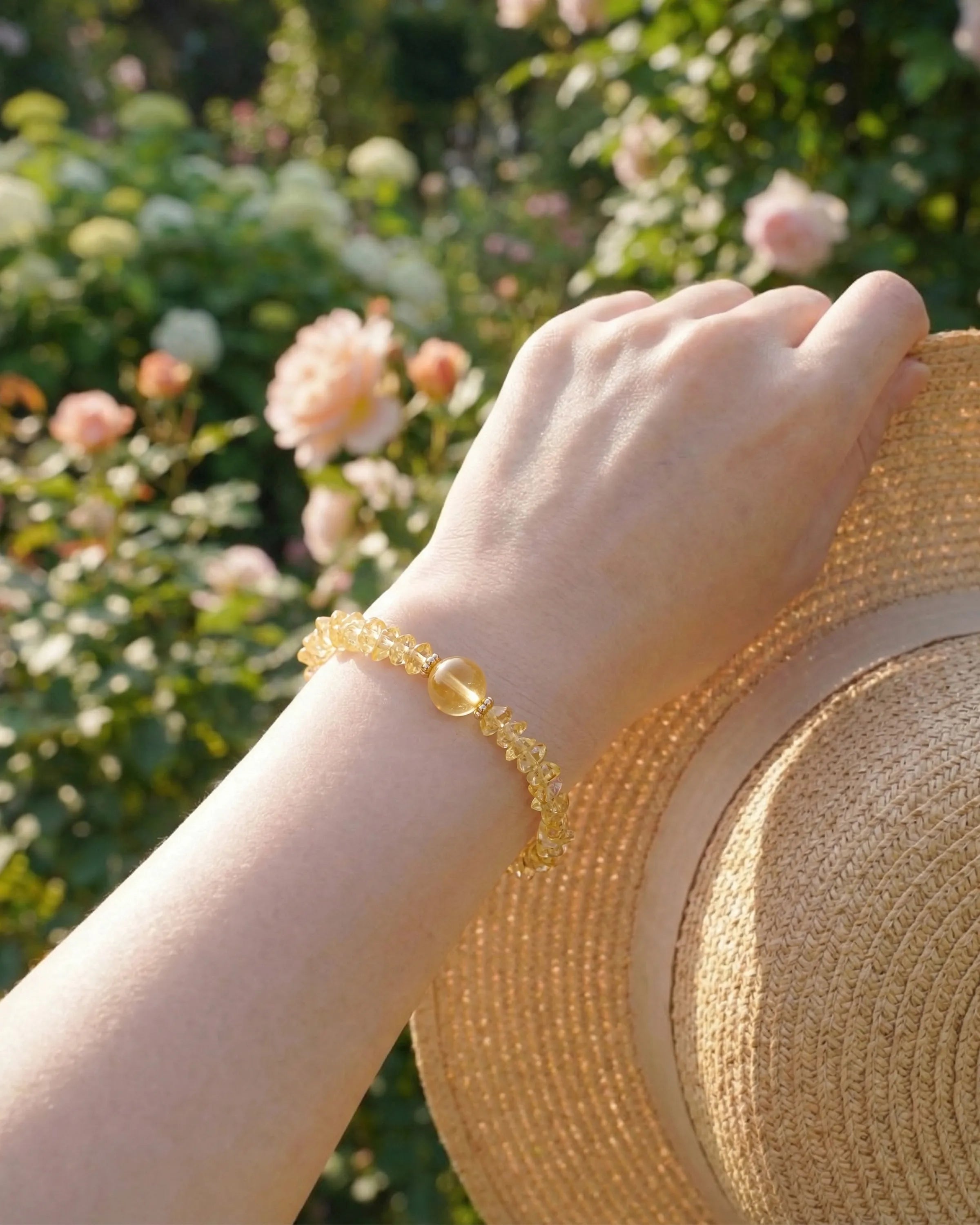 Model wearing Citrine Gold Freeform Chips Focal Bracelet