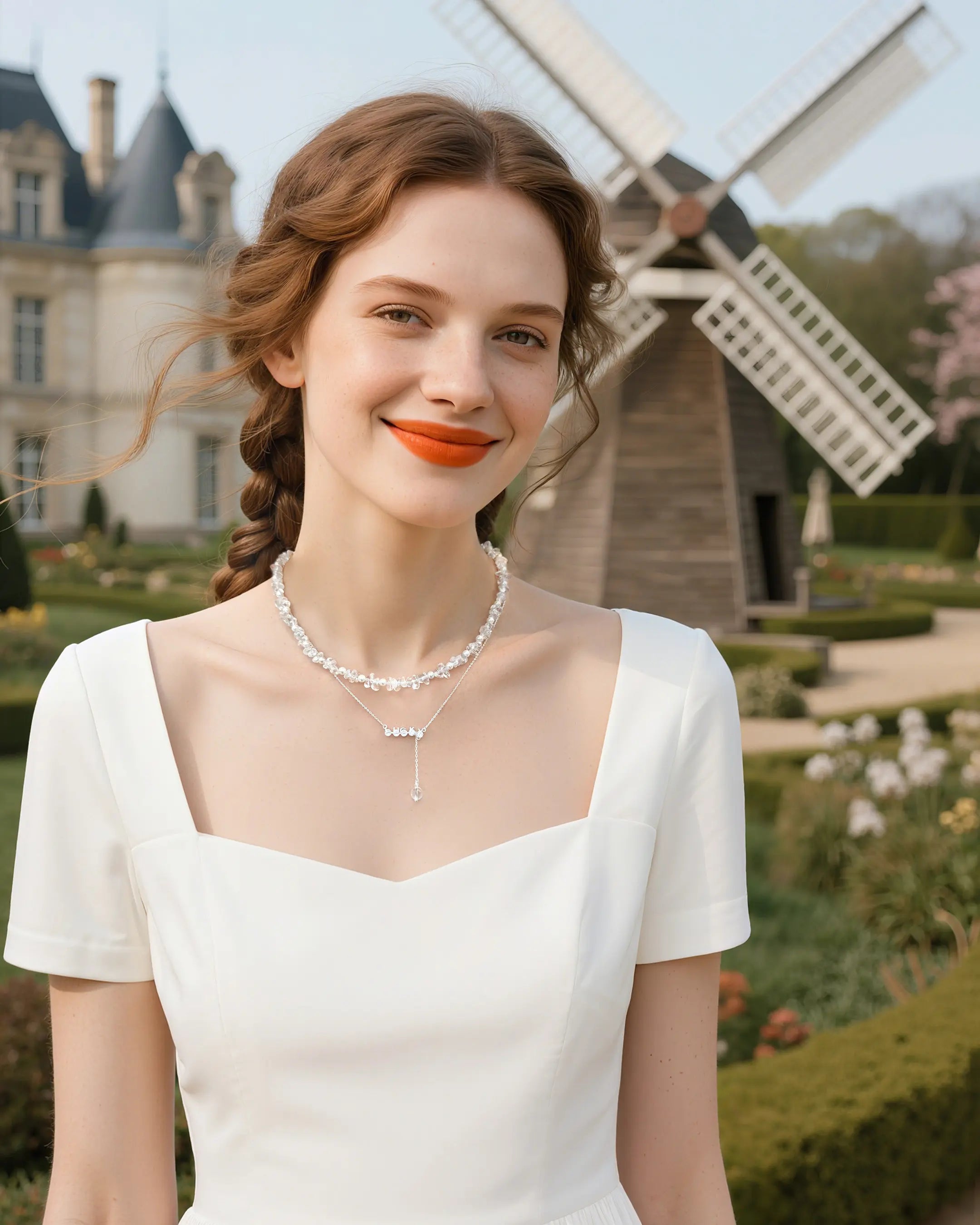 Clear Quartz Beaded Necklace Set on model