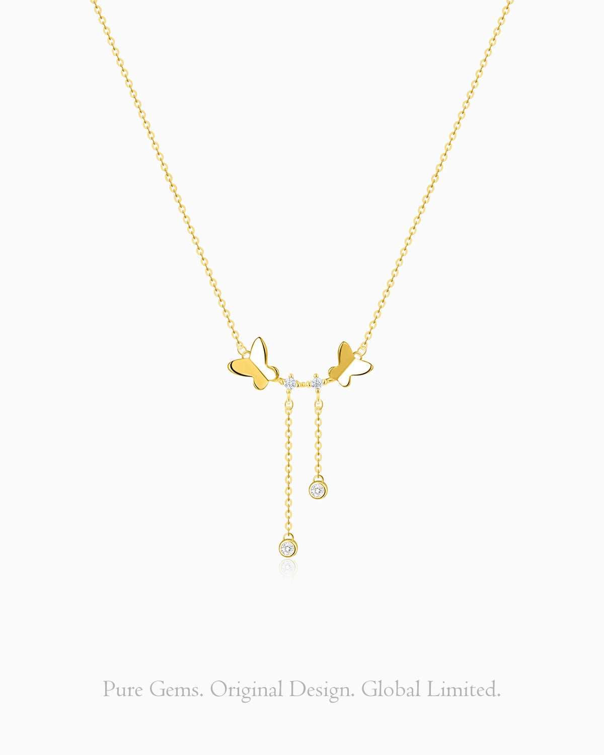 Clear Quartz Double Drop Pendant Necklace with Butterfly Accent