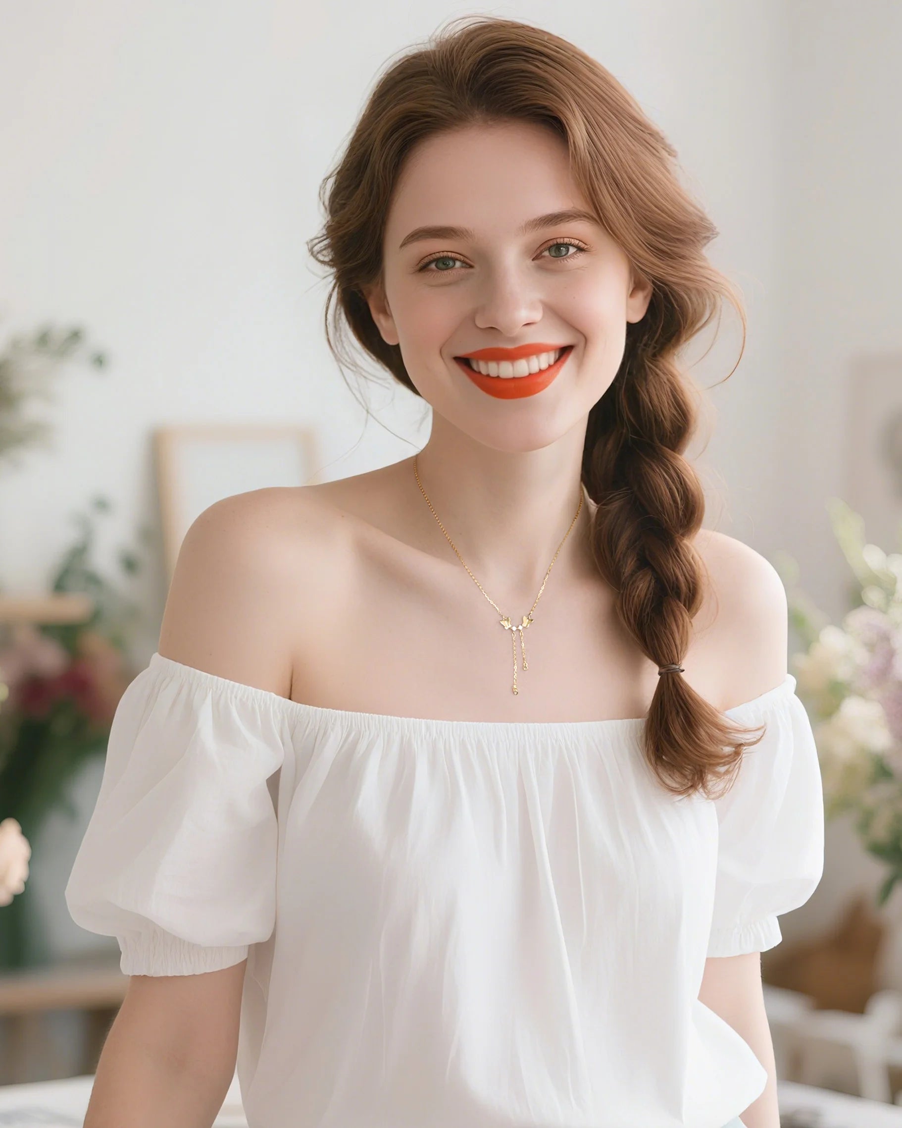 Clear Quartz Double Drop Pendant Necklace with Butterfly Accent on the model