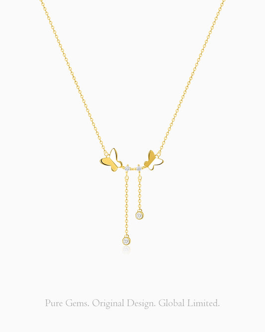 Clear Quartz Double Drop Pendant Necklace with Butterfly Accent