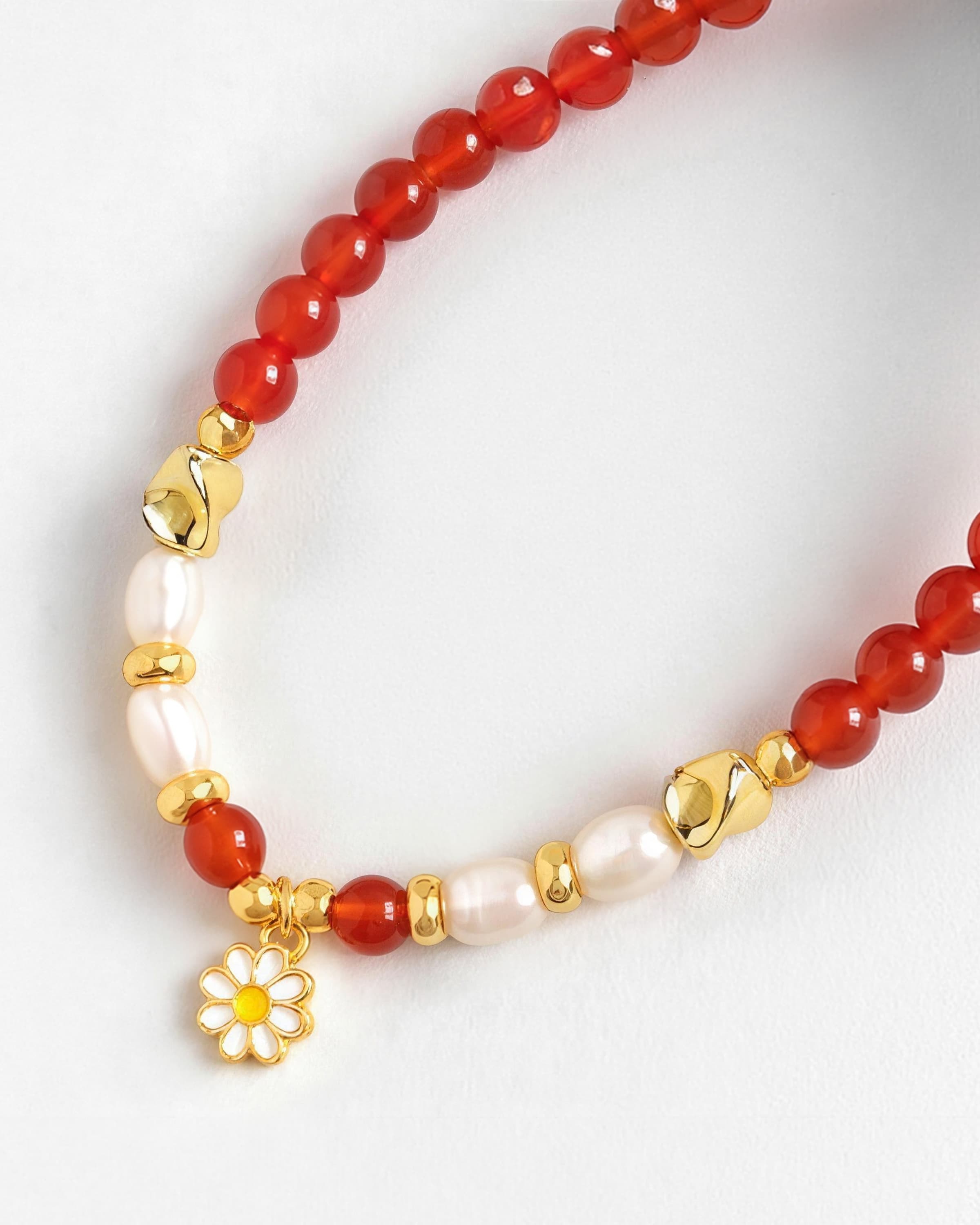 Details of Red Agate Pearl Daisy Gold Necklace