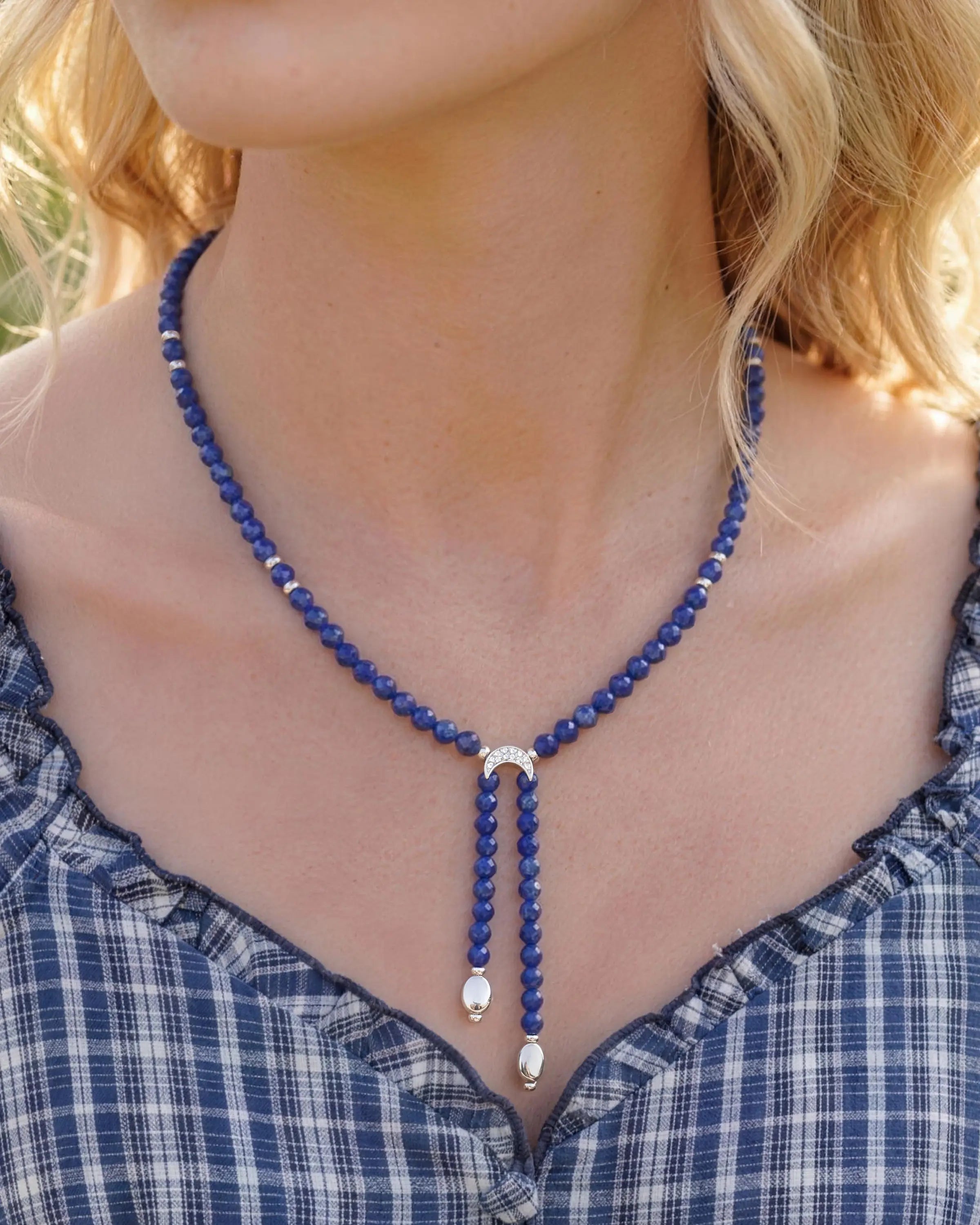 Close-up of Faceted Lapis Lazuli Double Drop Necklace on neck