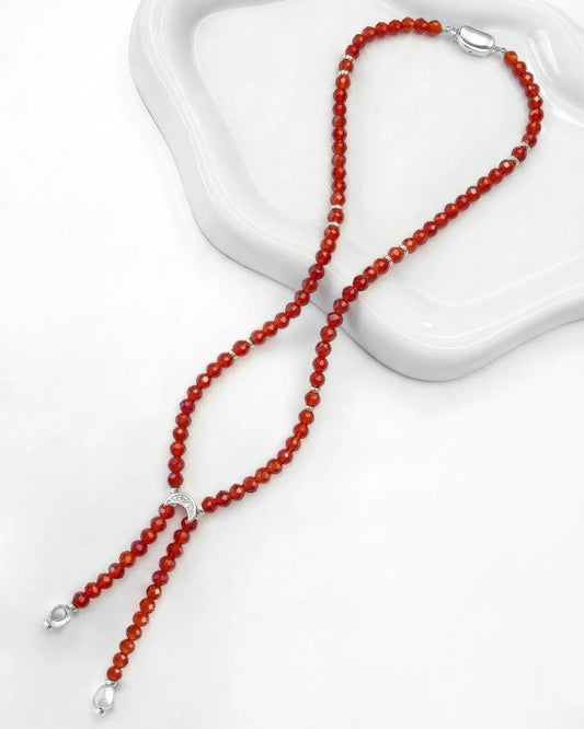 Faceted Red Agate Moon Double Drop Silver Necklace