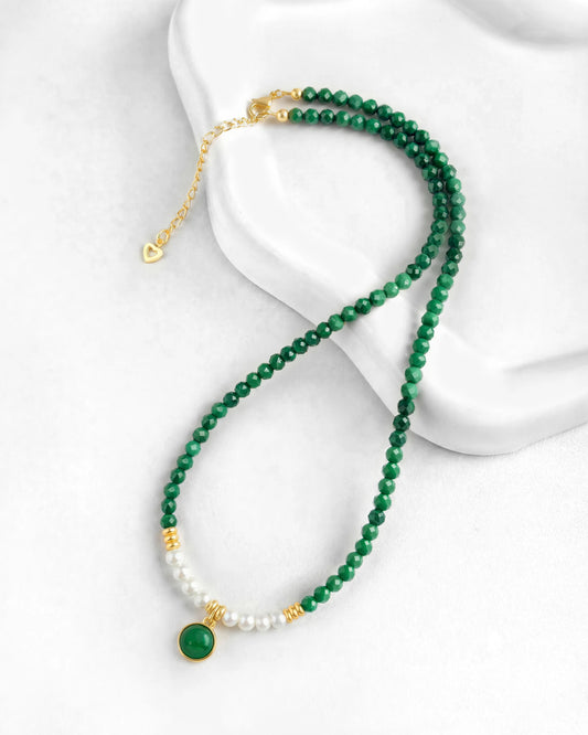 Malachite Pearl Gold 12mm Gemstone Beaded Necklace