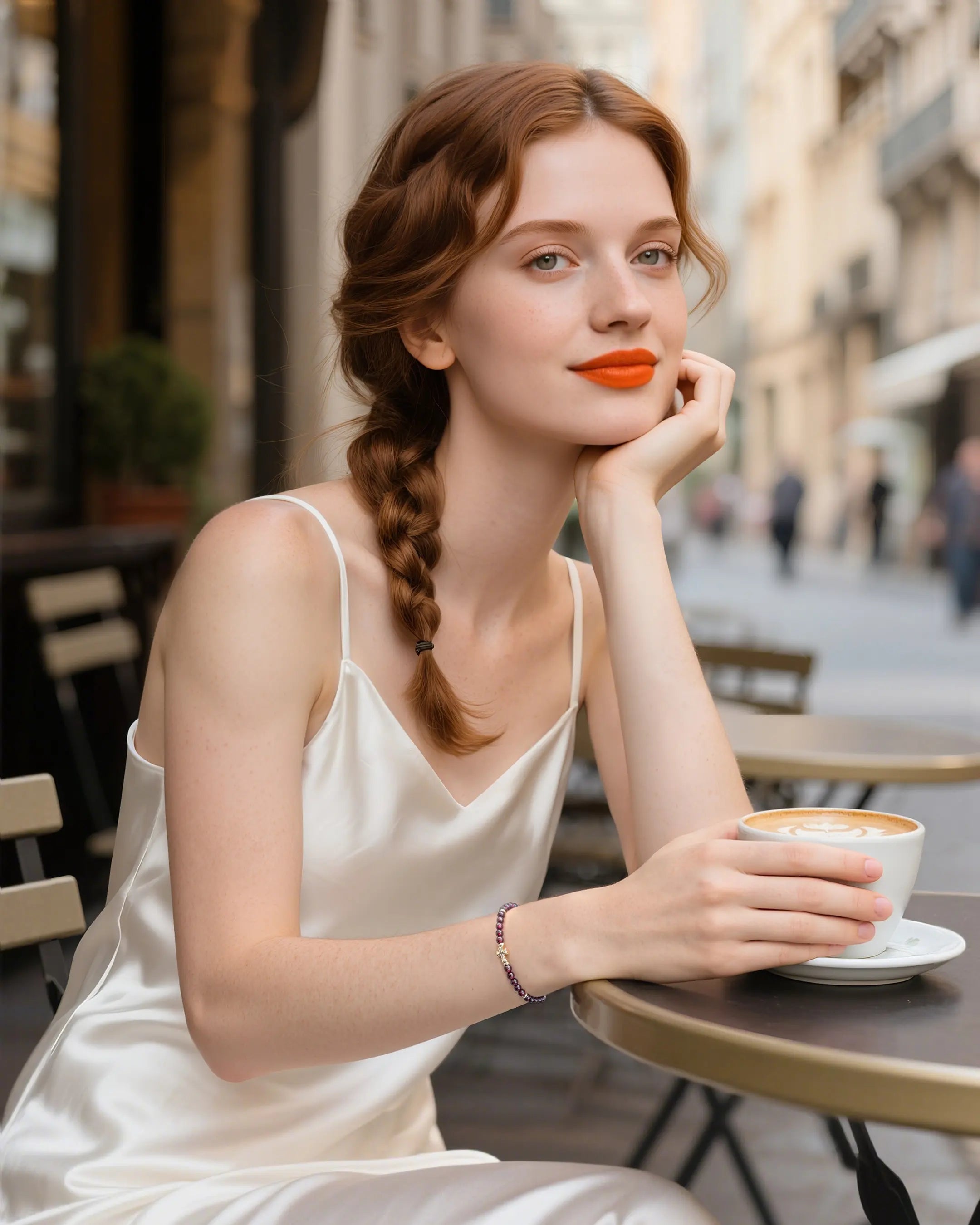 Garnet Beaded Bracelet worn by model