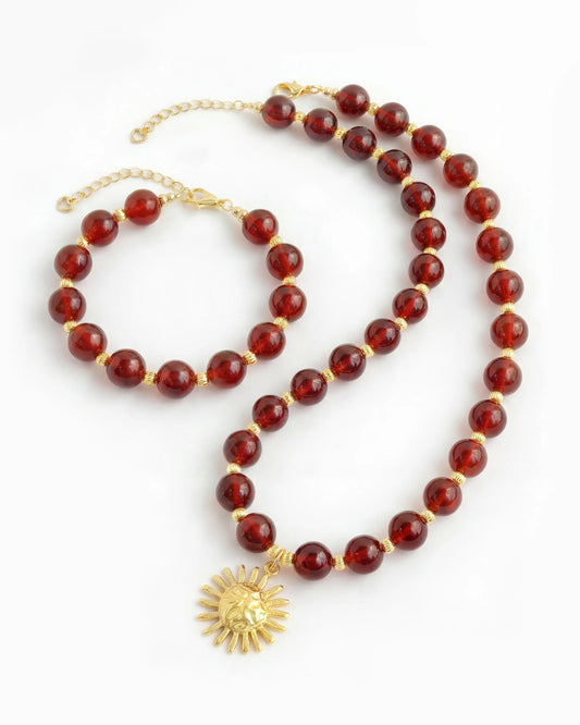 Garnet Sun Gold Necklace & Bracelet Set – Vitality & Courage