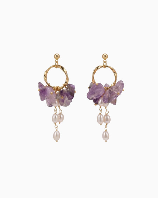 purple amethyst Gemstone Chip Gold Earrings