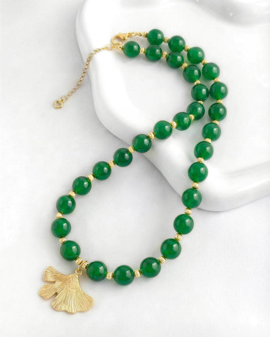 Green Agate Ginkgo Leaf Gold Necklace – Balance & Harmony