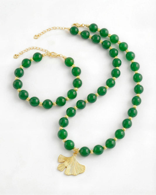 Green Agate Ginkgo Leaf Gold Necklace & Bracelet Set – Balance & Harmony