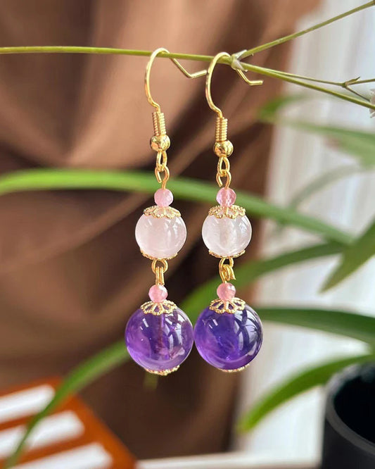 Amethyst Rose Quartz 14K Gold Plated Earrings – Clarity & Love