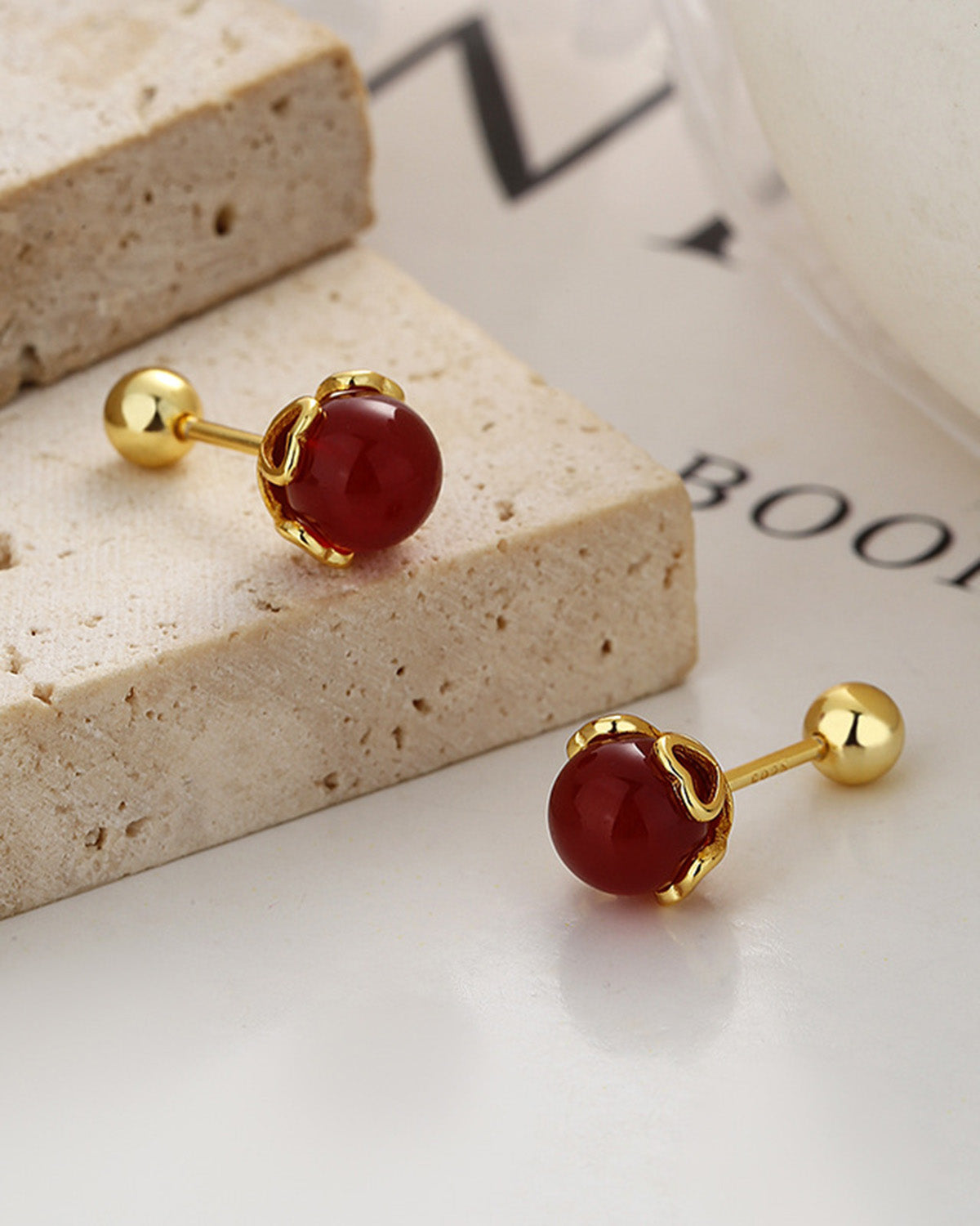 red agate Green Birthstone Charm Stud Earrings