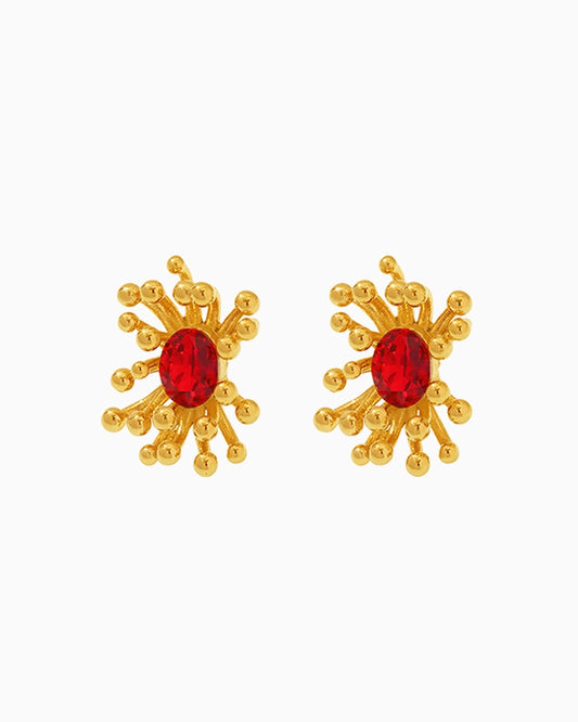 red Birthstone Floral Stamen Stud Earrings